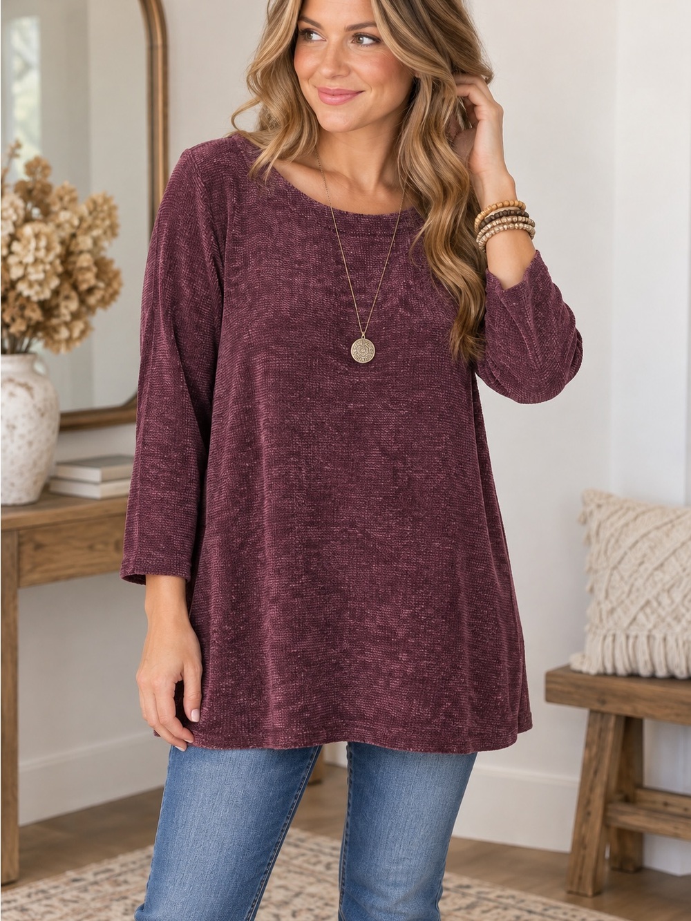 J Jill  Burgundy Chenille Tunic Sweater Top Size L Boho Cozy Fall Lagenlook